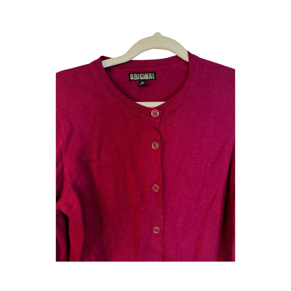 Nicole Miller Women M Cardigan Sweater Cranberry Silver Metallic Preppy Button - Picture 2 of 9